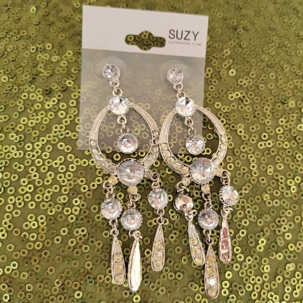 NWT Silver and Rhinestone Costume Drop Earrings